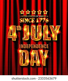 4th of july American independence day badge. Illustration. Greeting card with gold letters on a red curtain background. Raster copy