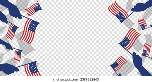 El 4 de julio, Día de la Independencia de Estados Unidos, plantilla de fondo transparente con un diverso grupo de patriotas ondeando una pequeña bandera estadounidense.