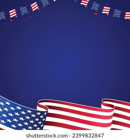 4th July American Independence Day flyer template with waving flag, confetti, and blue empty blank background. Poster, banner, greeting card.