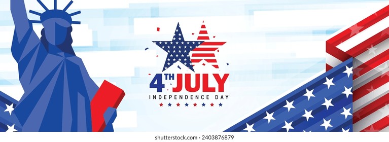 4th of July American Independence Day greeting banner template with the statue of liberty, usa modern flag illustration, and stars. Vector design.