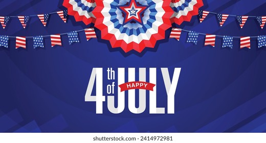 4th of July American Independence Day. Red, blue background with paper decorations. Flat lay, top view, copy space, banner.