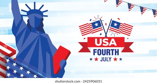 4th of July American independence day greeting banner template with the statue of Liberty, usa modern flag illustration, and stars. Vector design.