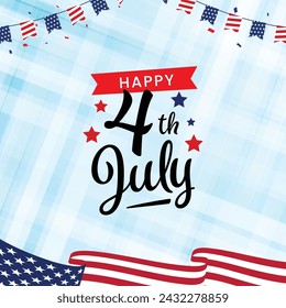4th July American independence day flyer template with waving flag with confetti and blue background. Poster, banner, greeting card.