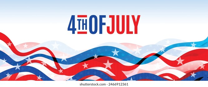 4th of july american independence day celebration banner background with red and blue wavey ribbons and stars. Vector illustration. 
