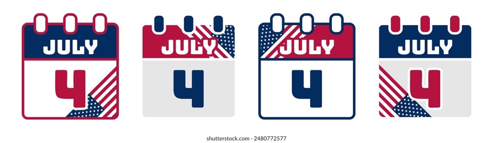 4th of July - American Independence Day Calendar Icon Set. Isolated Design on White Background