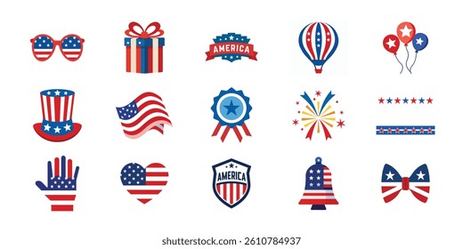 4th July, American Independence Day design vector illustration set. Collection of graphic elements isolated on white background