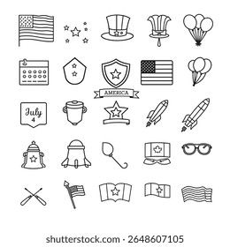 4th of July American Independence Day celebration icon set in line vector style, symbols, Patriotic Silhouettes, American holiday decor signs linear pictograms package