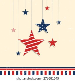 4th of July, American Independence Day celebration greeting card with hanging stars in national flag color.