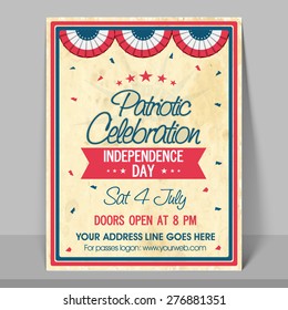 4th of July, American Independence Day celebration invitation card with date, time and place details.