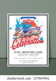 4th of July, American Independence Day celebration invitation card with national flag color splash.