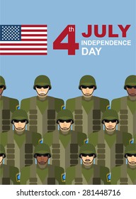 4th july. American independence day. Soldiers with military camouflage uniform in army formation. Vector greeting card congratulations