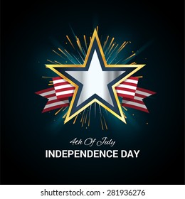 4th Of July, American Independence Day With Vector Star And Ribbon