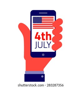 4th july American Independence day. - Smartphone on hand flat icon, vector illustration.