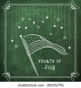 4th of July, American Independence Day celebration with national flag and hanging stars created by white chalk on green chalkboard background.