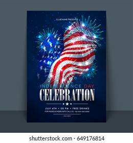 4th of July, American Independence Day celebration Flyer, Banner, Template or Invitation design with National Flag and Sparkling Fireworks.