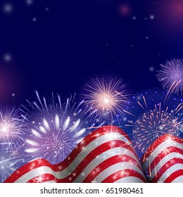 4th of July, American Independence Day celebration background with fire fireworks. Congratulations on Fourth of July.