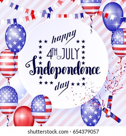 4th of July, American Independence Day celebration background with balloons in the colors of the American flag. Congratulations on Fourth of July