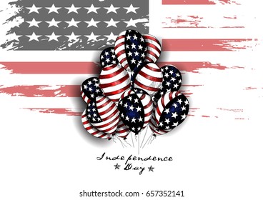 4th of July - American Independence Day with USA flag balloon, Hand Drawn Sketch Vector illustration.