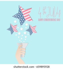 4th of July American independence day badge, Concept  hand of the statue of liberty holding a torch, a star with flag of America inside,Vector illustration.
