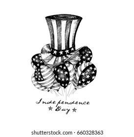 4th of July - American Independence Day with USA flag balloon, Hand Drawn Sketch Vector illustration.
