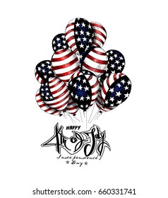 4th of July - American Independence Day with USA flag balloon, Hand Drawn Sketch Vector illustration.