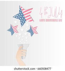 4th of July American independence day badge with Hand held torch of American flag in the framework of stars,Vector illustration for independence concept.