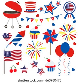 4th of July. American Independence Day. Celebration. Firework. Template for postcards, leaflets. Flag. Set