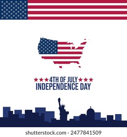 4th of July American Independence Gift Card and Social Media post design template. Editable EPS file with Flag, Map, text and Skyline