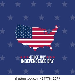 4th of July American Independence Gift Card and Social Media post design template. Editable EPS file with flag, map and text on a dark blue background with stars.