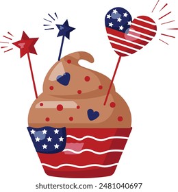 4th of July American Mini Cake decorated with Stars and Heart concept, Fruit Passion Muffin vector color icon design, US Independence Day Sign, USA federal holiday symbol, Patriot Day illustration