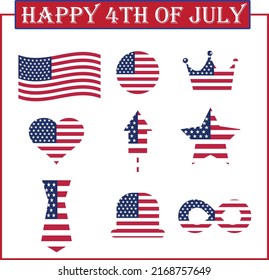 4th of July American Patriotic. USA independence day celebration national symbols isolated on white background. United state of America Independence Day Clipart vector illustration.