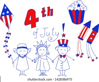 4th July. American people set. Doodle background on the independence day theme. Vector Illustration.