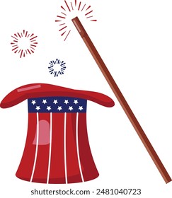 4 de julio American Uncle Sam Cap con Magic Wand concepto, sombrero de rayas azul rojo diseño de ícono de color de Vector, EE.UU. Día de la Independencia, símbolo de la fiesta federal de EE.UU., Memorial Patriot Day Ilustración de stock