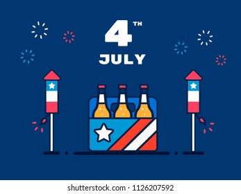 4th of July - America's Independence Day. Illustration of fireworks and beer.