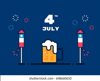 4th of July - America's Independence Day. Illustration of fireworks and beer.