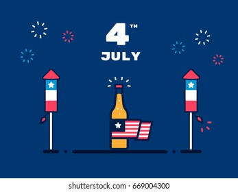 4th of July - America's Independence Day. Illustration of fireworks and beer.