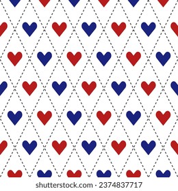 4th of July argyle pattern with heart inside. Argyle vector pattern. Argyle pattern. Seamless geometric pattern for clothing, wrapping paper, backdrop, background, gift card, sweater.