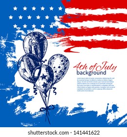 4th of July background with American flag. Independence Day vintage hand drawn design