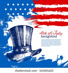 4th of July background with American flag. Independence Day vintage hand drawn design