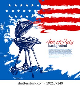 4th of July background with American flag. Independence Day vintage hand drawn sketch design