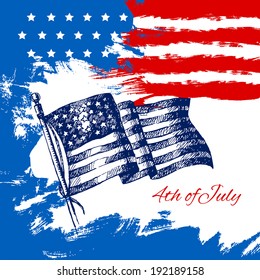 4th Of July Background With American Flag. Independence Day Vintage Hand Drawn Sketch Design	