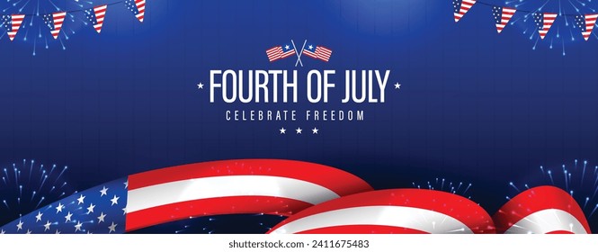 4th of July background, banner, greeting, poster template with USA waving ribbon and bunting decoration. Vector illustration.