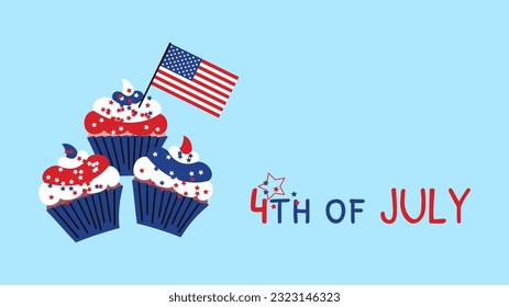 4th July background. Cupcakes with cream in national colors of American flag. Independence day USA poster with copy space. Vector illustration isolated on blue backdrop