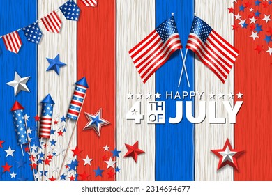 4th of july background design with american flag and rocket with wooden background