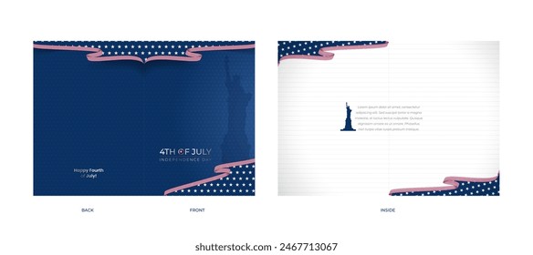 4th of july background. Half fold greeting card template. United States Independence day design with national flag and liberty statue silhouette.