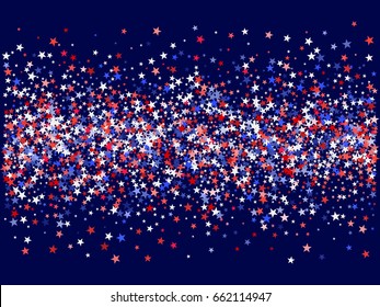 4th of July background, horizontal holiday vector pattern with flying stars of United States flag colors - blue, red and white. Independence Day backdrop with bright star dust confetti for banner.