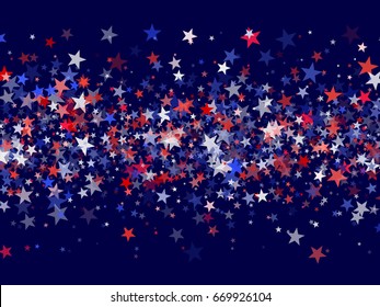 4th of July background, horizontal holiday vector pattern with flying stars of United States flag colors. Independence Day or Presidents day backdrop with star dust confetti for banner.