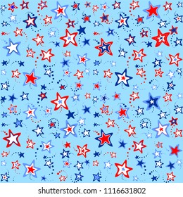 
4th July background. Background with red and blue stars. Holiday graphic design. USA Independence Day or Presidents Day star pattern in American flag colors. Vector Illustration