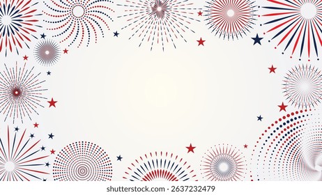 4th of july background, Red, white, and blue fireworks border on light background with stars. Circular bursts create a festive frame.for Independence Day, patriotic flyers, or celebration invitations.