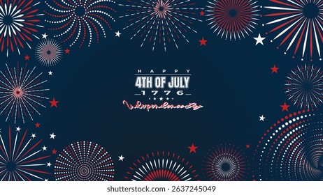 4th july background at Red, white, and blue fireworks border on dark blue background with stars. Circular bursts create a festive frame. Ideal for Independence Day, or patriotic flyers